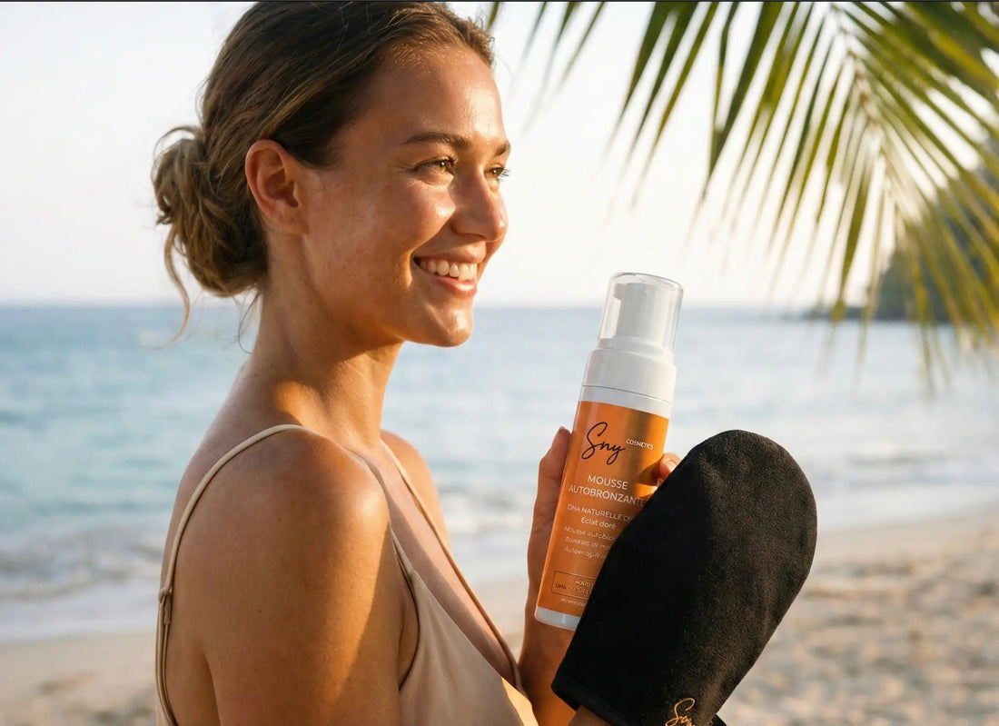 Femme souriante sur une plage au coucher du soleil tenant la mousse autobronzante SNY Cosmetics et portant le gant applicateur noir, éclairée par une lumière dorée naturelle.