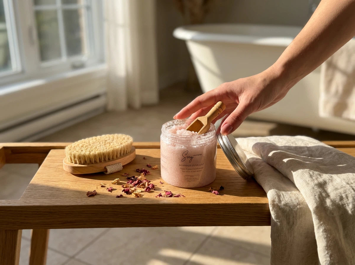 Gommage exfoliant sel d'Himalaya SNY Cosmetics - ambiance naturelle salle de bain