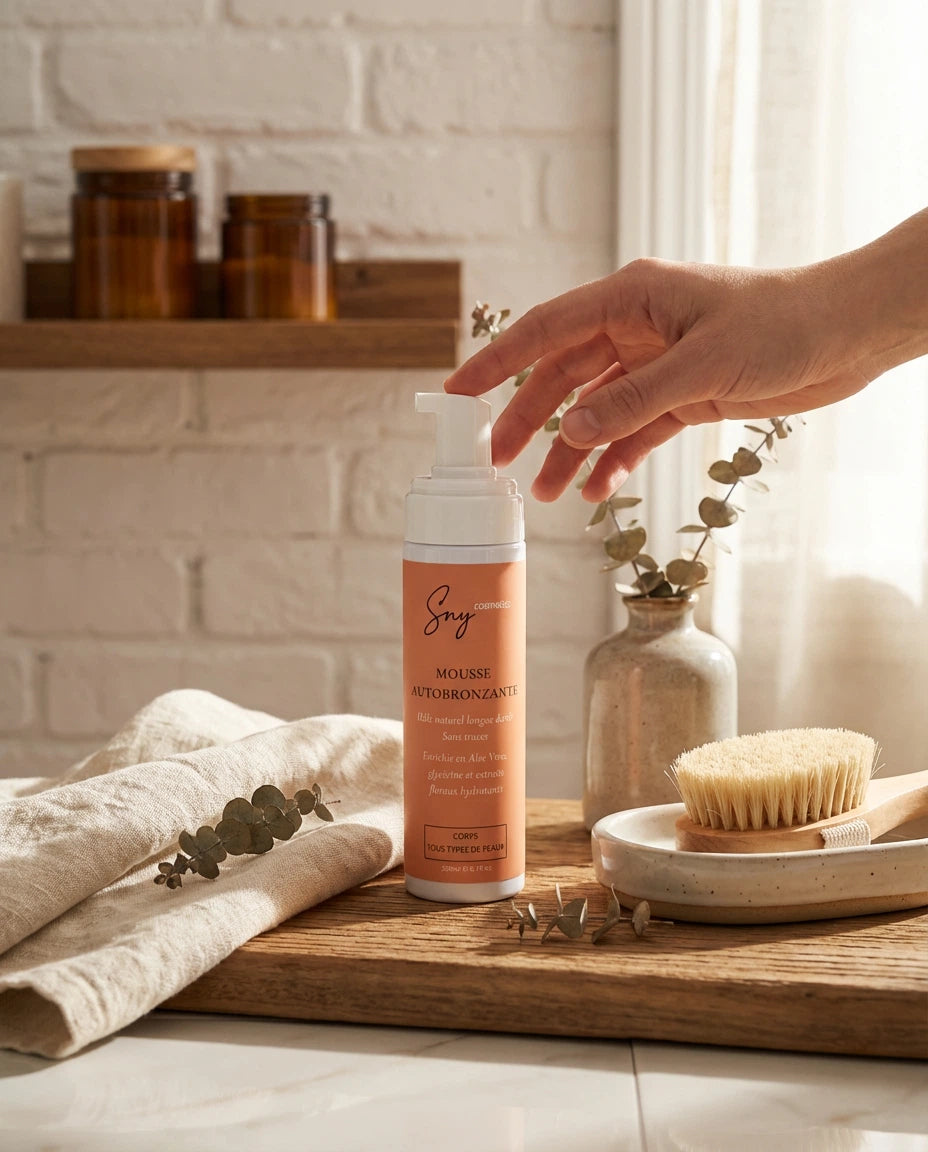 Mousse autobronzante SNY Cosmetics - ambiance naturelle salle de bain
